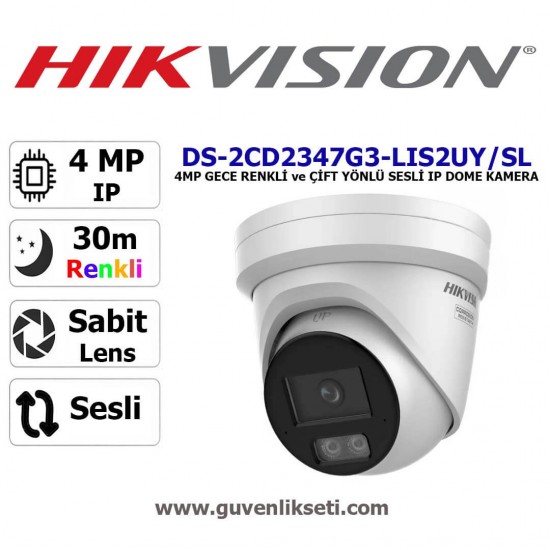 Hikvision DS-2CD2347G3-LIS2UY SL 4MP 30 metre gece görüşlü çift yönlü sesli dome güvenlik kamerası